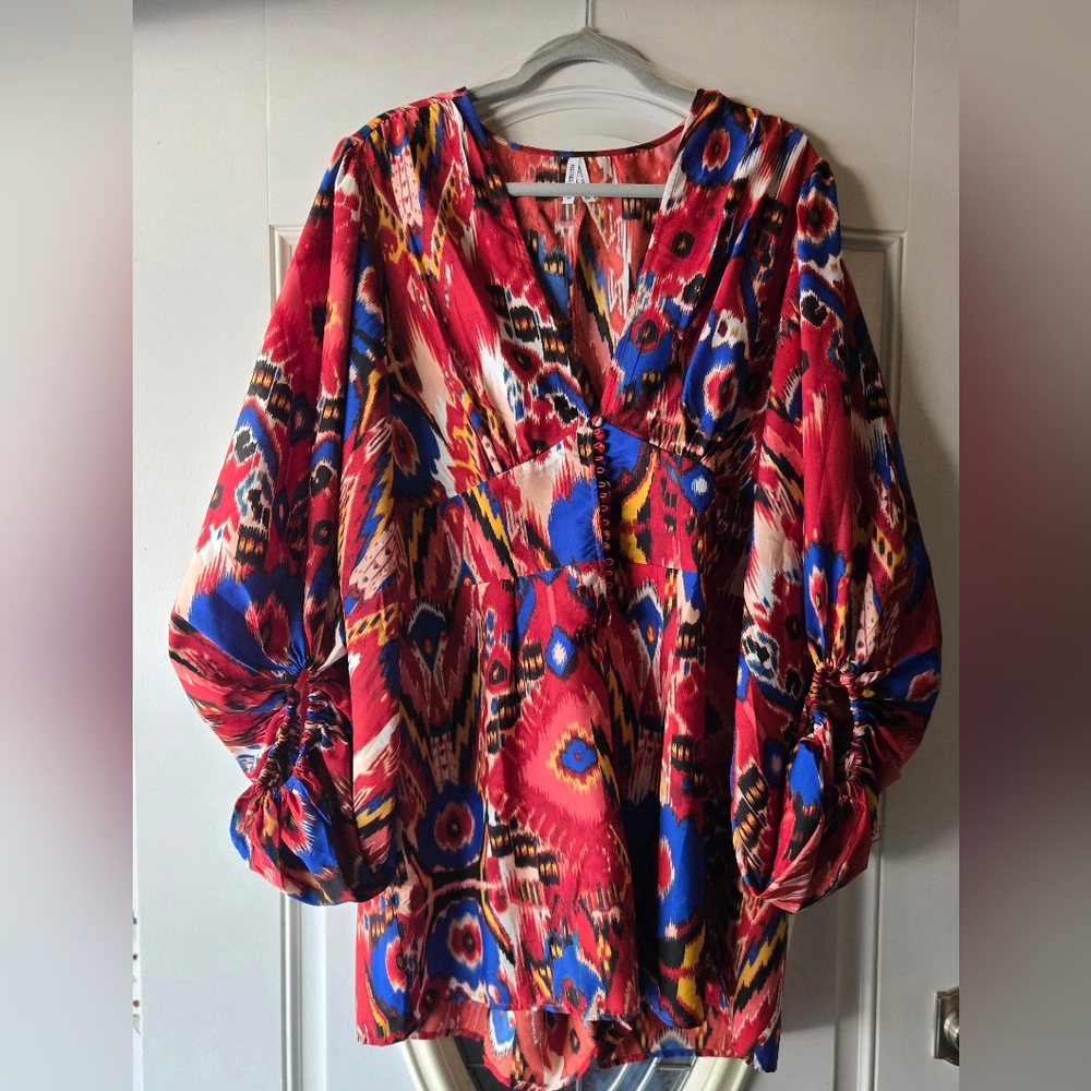 NWTLive 4 Truth Red & Blue Ikat Print  Romper With Balloon Sleeves Plus- Size 2X - Picture 2 of 8
